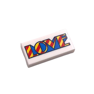 Tile 1 x 2 with Yellow, Red, and Blue 'LOVE' Pattern, Part# 3069pb0529 Part LEGO® White Very Good