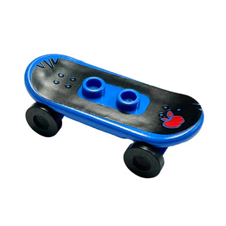 Minifigure, Utensil Skateboard Deck with Red Apple with Blue Outline on Black Background Pattern (Sticker) with Black Wheels (42511pb26 / 2496), Part# 42511c01pb26 Part LEGO® Blue