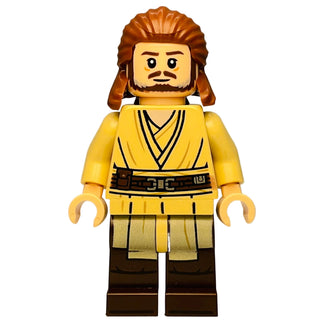 Minifigure with brown hair and beard, yellow torso with black stripe pattern, tan poncho, and dark brown legs.