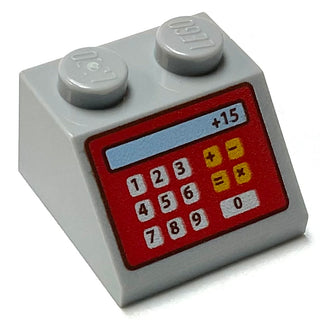 Slope 45 2 x 2 with Red Cash Register and '+15' Pattern, Part# 3039pb062 Part LEGO® Light Bluish Gray