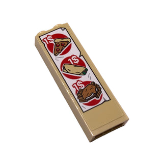 Brick 1 x 2 x 5 with Menu with '1$' for Pizza, Burrito, Burger and Fries Pattern (Sticker), Part# 2454pb178 Part LEGO® Tan Very Good