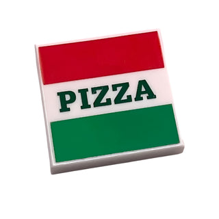 Tile 2x2 with Red and Green Stripes and Dark Green 'PIZZA' Pattern (Pizza Box), Part# 3068pb1045 Part LEGO® White