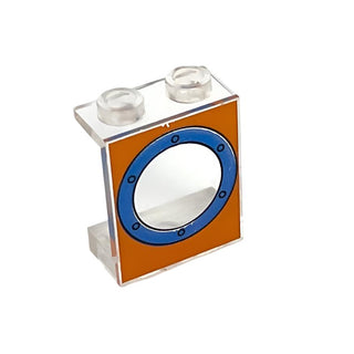 Panel 1 x 2 x 2 - Hollow Studs with Blue Porthole on Orange Background Pattern, Part# 4864bpx16 Part LEGO® Very Good