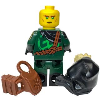 LEGO minifigure with yellow head, green and black torso, green legs, brown hook accessory, and black samurai helmet.