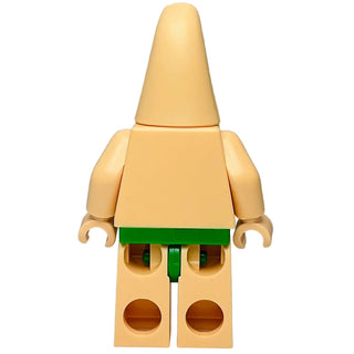 Tan LEGO minifigure with conical head, green waistband, brown shorts with circular cutouts, and tongue protruding from mouth.