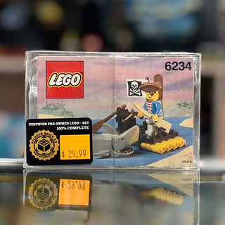 LEGO Pirates set 6234 in clear plastic case with pirate minifigure and raft illustration on box.