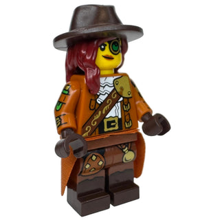 LEGO minifigure with yellow face, red hair, brown cowboy hat, orange jacket, and brown pants holding a weapon.