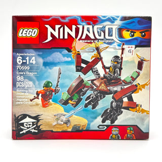 LEGO NINJAGO Cole's Dragon set 70599 box featuring red and black dragon with minifigures and accessories.