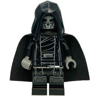 Black minifigure with skeletal mask, hooded robe, textured cape, and armor detailing on torso and legs.