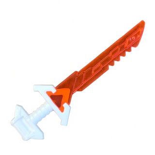Minifigure, Weapon Sword with Serrated Blade and Molded White Hilt with Wide Angled Pommel Pattern (Ninjago Key-Tana), Part #65272pb01 Part LEGO® Trans-Neon Orange