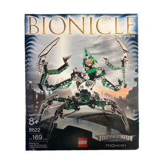 LEGO Bionicle Nidhiki set 8622 box featuring green and white articulated figure with weapons and spider-like creature.