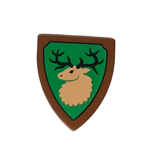 Minifigure, Shield Triangular Short with Forestmen Elk / Deer Head on Green Background with Black Outline Pattern, Part# 3846pb058 Part LEGO® Reddish Brown Very Good