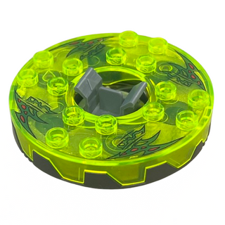 Ninjago Spinner Turntable 6 x 6 x 1 1/3 Round Base Serrated with Trans-Neon Green Top and Green with Red Spots Pattern, Part# 98318c10pb01
