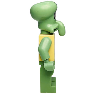 Green LEGO Squidward minifigure with elongated head, yellow torso, and tentacle arms and legs.