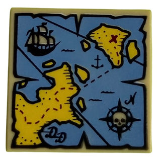 Tile 2 x 2 with Map Black Pirate Ship Compass Rose White Skeleton Head and 'X' Pattern Part# 3068pb0929 Part LEGO® Tan