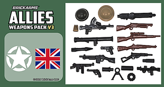 Collection of black and brown minifigure weapons including rifles, pistols, grenades, and accessories.
