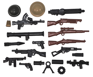 Assorted minifigure weapons and accessories including rifles, pistols, helmets, and gear in black and brown colors.
