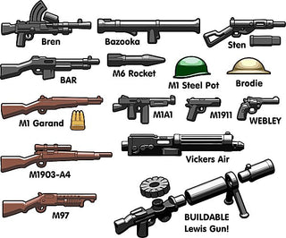 BrickArms minifigure weapons pack containing rifles, handguns, rocket launcher, helmet, and machine gun accessories.