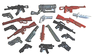 BrickArms Apocalypse Weapons Pack containing rifles, pistols, shotguns, melee weapons and accessories in black and red.