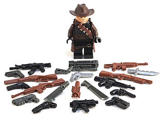 LEGO minifigure in cowboy hat with assorted brown and black weapon accessories including rifles, pistols, and knives.