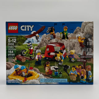 LEGO City People Pack Outdoor Adventures set box showing minifigures, red camper vehicle, yellow kayak, and mountain scenery 