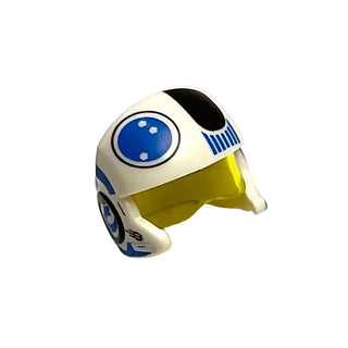 Minifigure, Headgear Helmet SW Rebel Pilot Raised Front and Microphone with Trans-Yellow Visor with Black and Blue Stripes and Blue Circle Pattern, Part# 21566c01pb03 Part LEGO® White Very Good