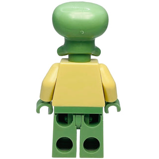 LEGO Squidward minifigure with green head and legs, yellow torso, and pink lei around neck.