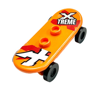 Minifigure, Utensil Skateboard Deck with White 'X TREME' and Letter X Pattern (Stickers) with Black Wheels (42511pb11 / 2496), Part# 42511c01pb11 Part LEGO® Orange