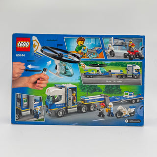 LEGO City Police Helicopter Transport set 60244 box back showing helicopter, transport truck, and minifigures.