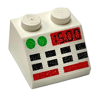 Slope 45 2 x 2 with Black, Green, and Red Buttons and '15.00' Pattern, Part# 3039px4 Part LEGO® White