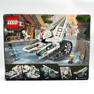LEGO Ninjago Ice Tank set 70616 box showing white and teal vehicle with opening cockpit and track treads, minifigures, and bu
