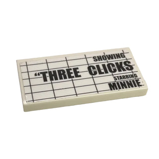 Palace Cinema Tile 2 x 4 with Sticker 'SHOWING "THREE CLICKS" STARRING MINNIE', Part# 87079pb0117L Part LEGO® White Very Good
