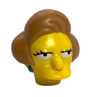 Minifigure, Head, Modified Simpsons Edna Krabappel with Dark Turquoise Earrings and Medium Nougat Hair Pattern, Part# 19896pb01 Part LEGO® Yellow