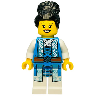 LEGO Ninjago minifigure with yellow head, black hair piece, blue and white robe torso, and cream legs.