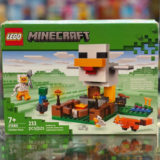 LEGO Minecraft Chicken Farm set box showing pixelated chicken head structure, minifigures, and orange chicken pieces.