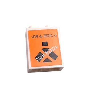 Brick 1 x 2 x 2 with Inside Stud with Orange Background and Aurebesh Writing Pattern (Sticker), Part# 3245cpbhoth01 Part LEGO® White Very Good