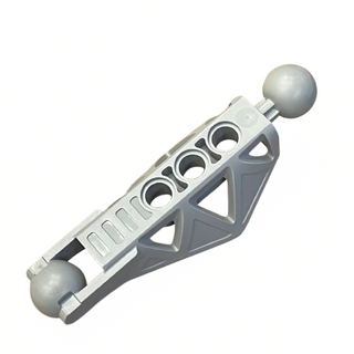 Bionicle Rahkshi lower leg segment with gray and silver plastic construction, three circular ports, and gray spherical connec