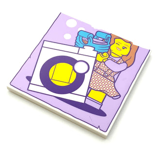 Tile 6x6 with Bottom Tubes with Minifigure and Washing Machine Pattern, Part# 10202pb024 Part LEGO® White  