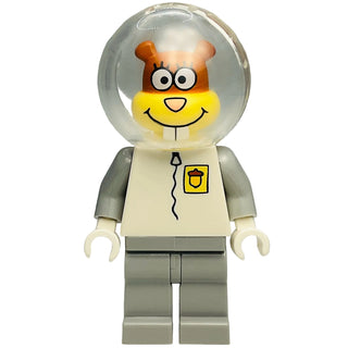 LEGO minifigure with brown ears, round clear helmet, yellow smiling face, cream torso with acorn logo, and gray legs.