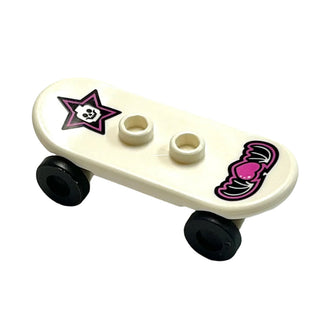 Minifigure, Utensil Skateboard Deck with Black and Dark Pink Winged Heart and Star with Skull Pattern with Black Wheels (42511pb07 / 2496), Part# 42511c01pb07 Part LEGO® White