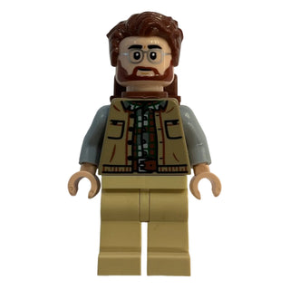 LEGO minifigure with brown hair, glasses, and beard wearing tan vest with gray sleeves and tan pants.