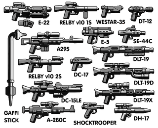 Twelve black minifigure weapons including rifles, blasters, and a staff with labeled model names.