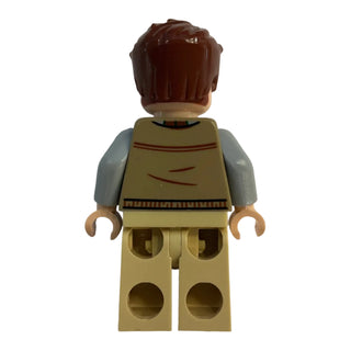 LEGO minifigure with dark brown hair, tan torso with red stripes, gray arms, and tan legs with circular cutouts.