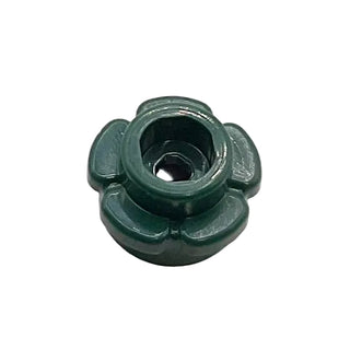Dark green plastic flower-shaped connector with central cylindrical opening and four petal-like protruding sides.