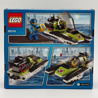 LEGO City race boat set 60114 with minifigure, black and lime green speedboat with engine details shown from multiple angles.