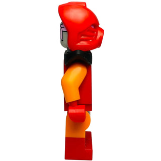 LEGO minifigure with red armor helmet, orange limbs, black torso piece, and red legs.