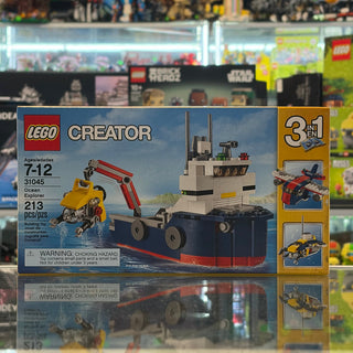 LEGO Creator Ocean Explorer set 31045 box showing a buildable ship with crane and yellow submarine models.