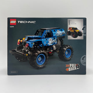 LEGO Technic Monster Jam Grave Digger set 42219 with blue and black monster truck featuring large black tires and pull-back m