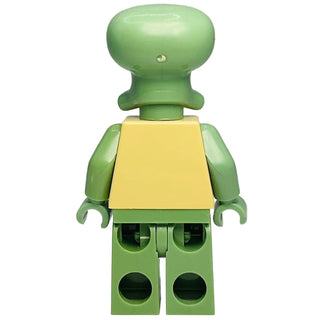 Green LEGO Squidward minifigure with rounded head, yellow torso, and green arms and legs.