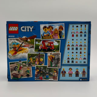 LEGO City 60202 People Pack box back showing multiple minifigures with outdoor activity scenes including kayaking, camping, a